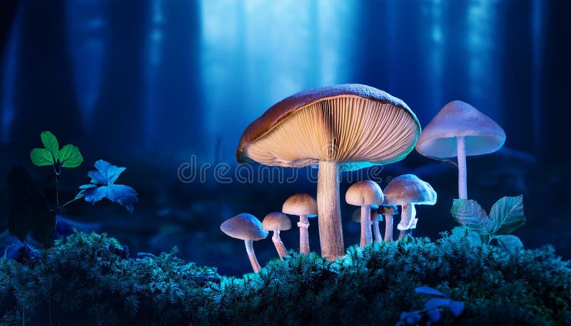 蘑菇. 神秘黑森林中的奇幻发光蘑菇 皇族释放例证