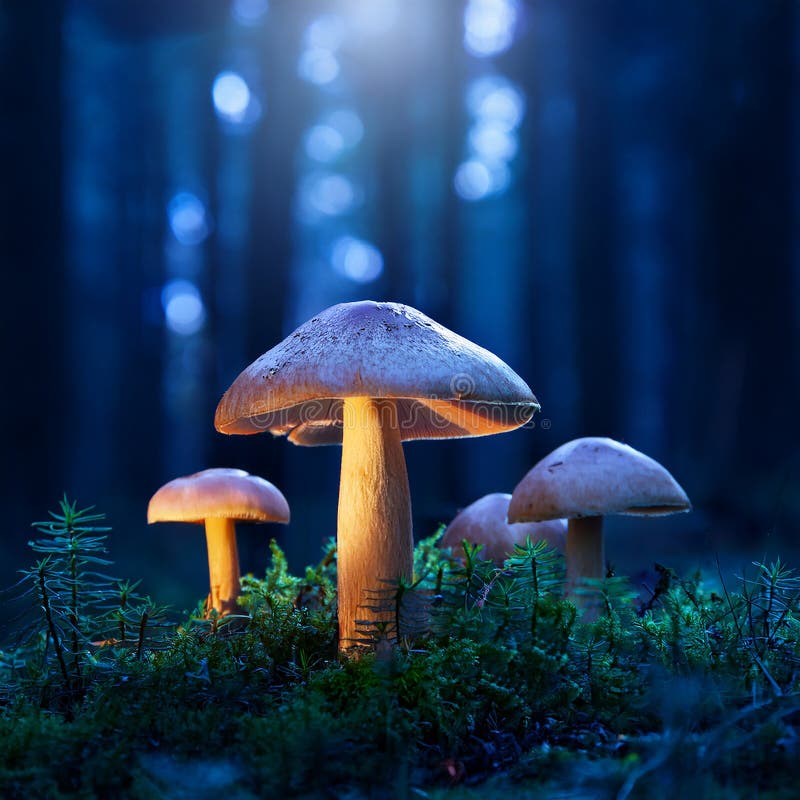 蘑菇. 神秘黑森林中的奇幻发光蘑菇 库存例证