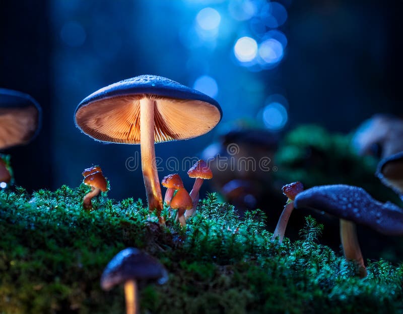 蘑菇. 神秘黑森林中的奇幻发光蘑菇 向量例证