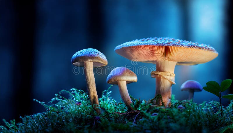 神秘森林的月光下，一种发光的蘑菇. 大型中央蘑菇从帽子下面发出柔和的暖光，与周围凉爽的蓝色调形成对比. 小的蘑菇和郁郁葱葱的绿色苔藓覆盖着地面，营造出迷人而飘逸的氛围. 光照真菌背景模糊，增强了对光照真菌的关注. 这一幕让人联想起一种超凡脱俗、近乎魔幻的氛围，暗示着一个隐藏的童话世界 — 蘑菇. 神秘黑森林中的奇幻发光蘑菇