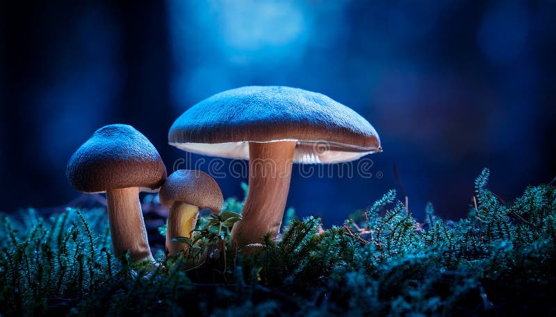 蘑菇. 神秘黑森林中的奇幻发光蘑菇 向量例证
