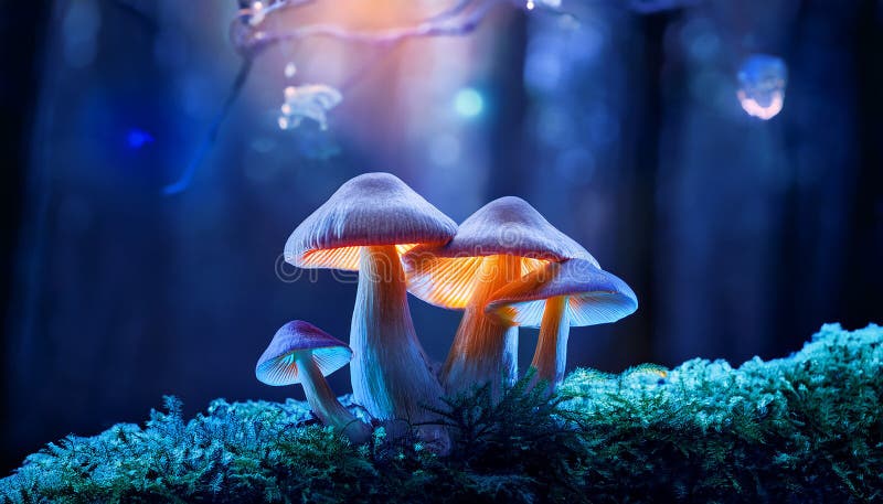 蘑菇. 神秘黑森林中的奇幻发光蘑菇 皇族释放例证