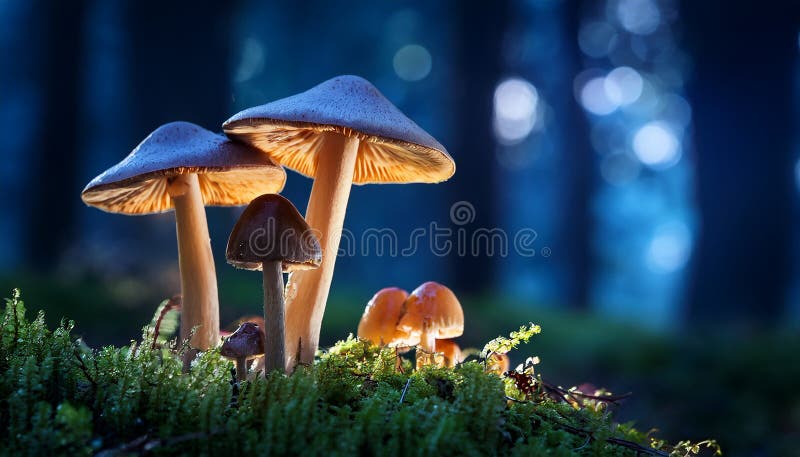 蘑菇. 神秘黑森林中的奇幻发光蘑菇 库存例证