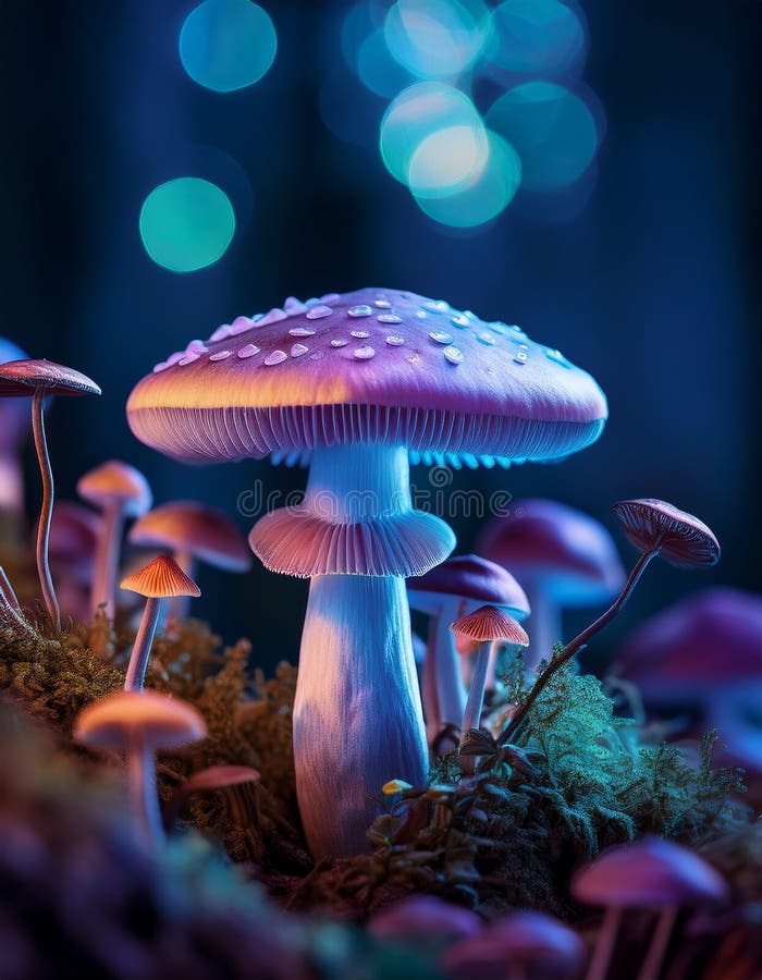 蘑菇. 神秘黑森林中的奇幻发光蘑菇 皇族释放例证