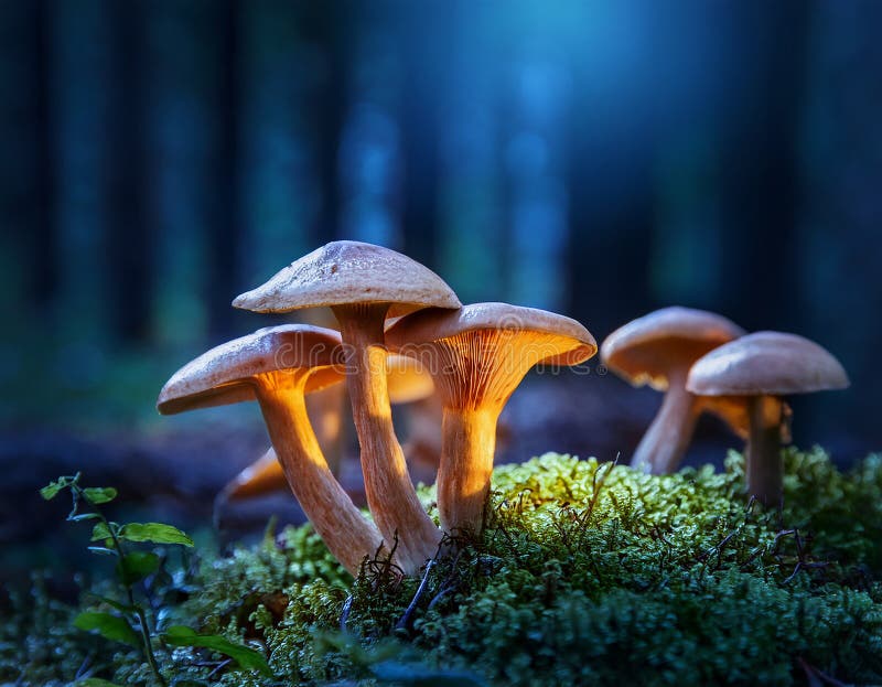 蘑菇. 神秘黑森林中的奇幻发光蘑菇 库存例证