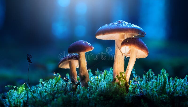 蘑菇. 神秘黑森林中的奇幻发光蘑菇 库存例证