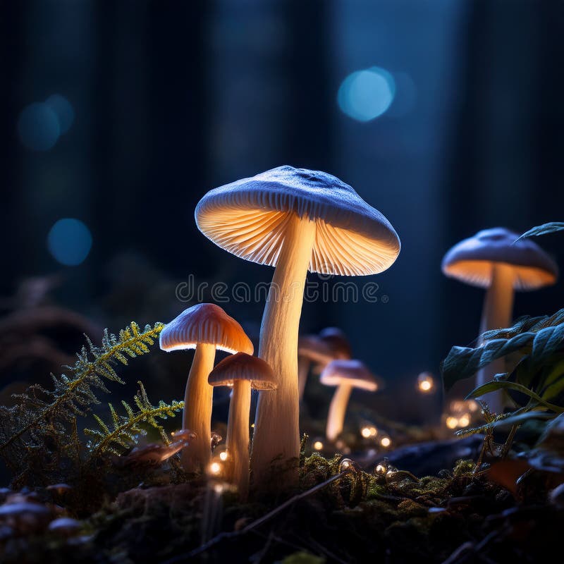 蘑菇. 神秘黑森林中的奇幻发光蘑菇 皇族释放例证
