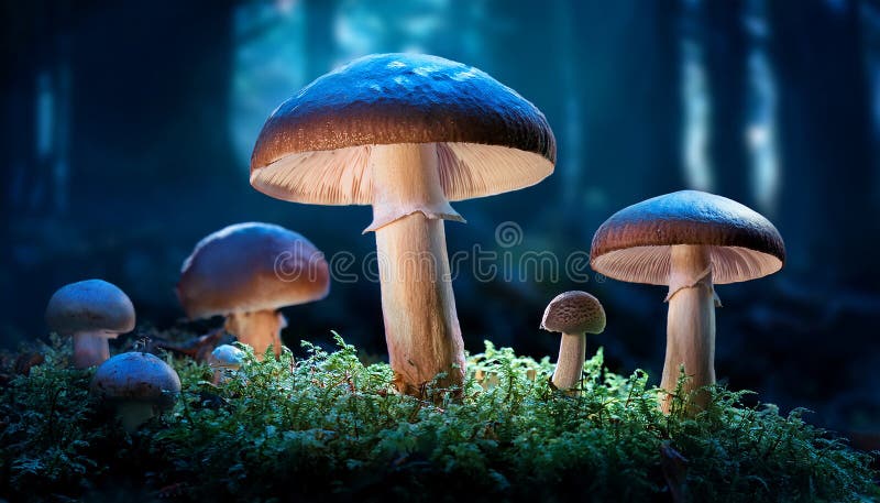 蘑菇. 神秘黑森林中的奇幻发光蘑菇 向量例证