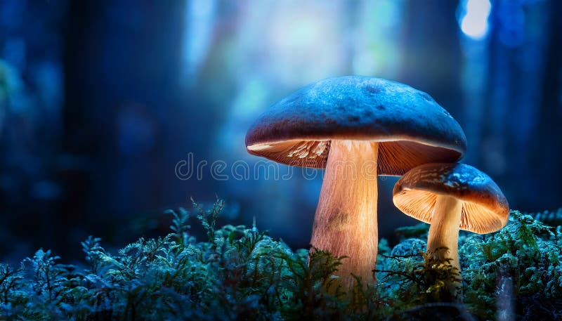 蘑菇. 神秘黑森林中的奇幻发光蘑菇 库存例证