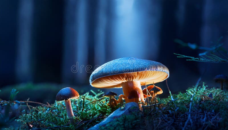 蘑菇. 神秘黑森林中的奇幻发光蘑菇 库存例证