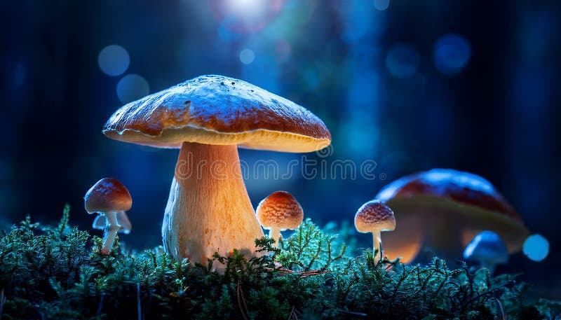 蘑菇. 神秘黑森林中的奇幻发光蘑菇 向量例证