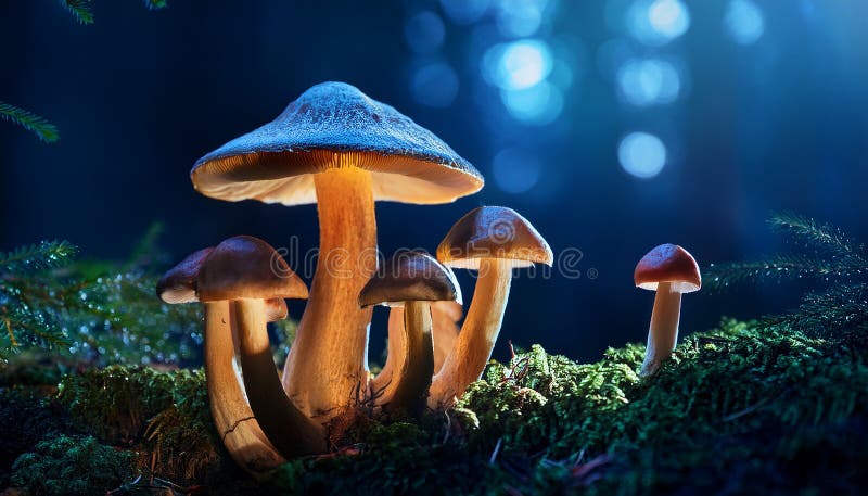 蘑菇. 神秘黑森林中的奇幻发光蘑菇 皇族释放例证
