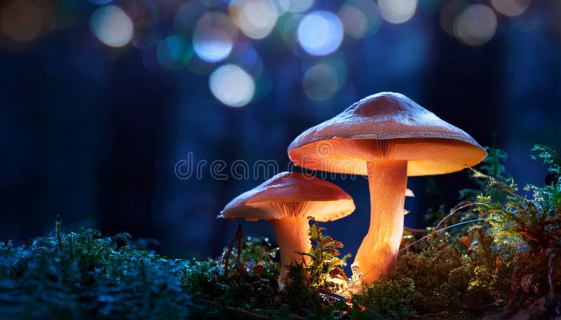 蘑菇. 神秘黑森林中的奇幻发光蘑菇 皇族释放例证