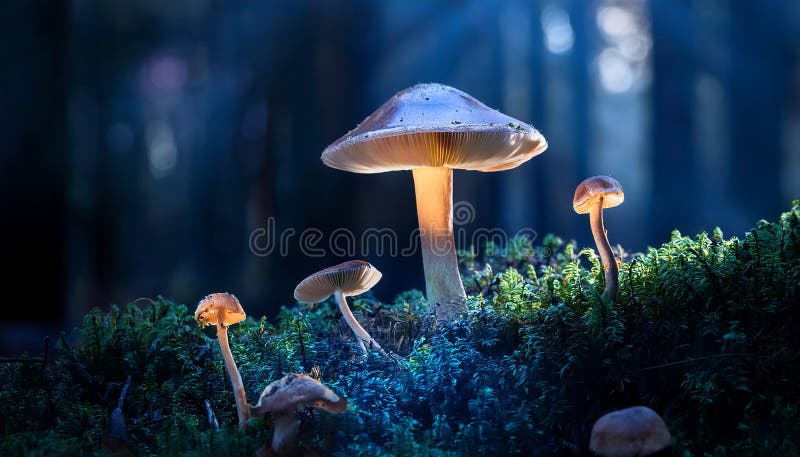 蘑菇. 神秘黑森林中的奇幻发光蘑菇 皇族释放例证