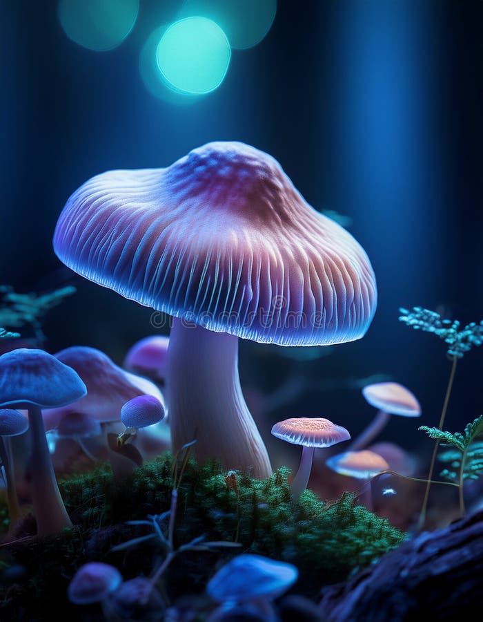 蘑菇. 神秘黑森林中的奇幻发光蘑菇 库存例证