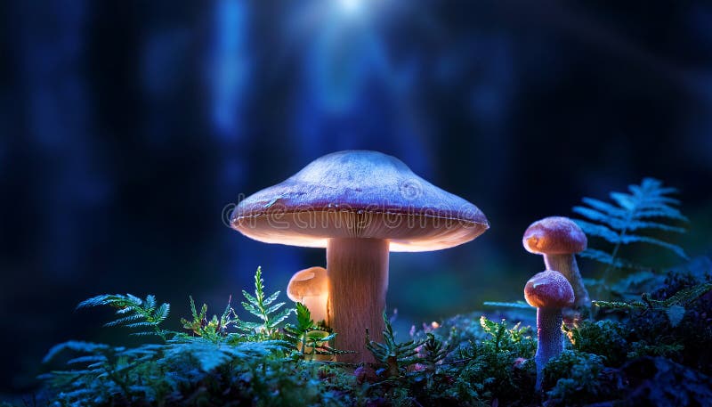 蘑菇. 神秘黑森林中的奇幻发光蘑菇 向量例证