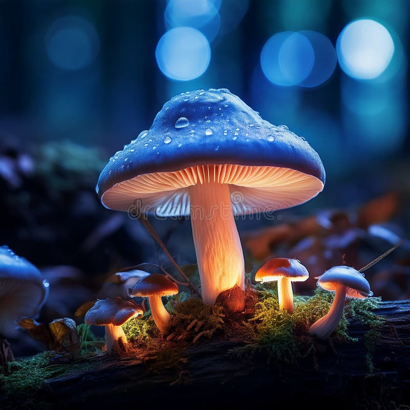 蘑菇. 神秘黑森林中的奇幻发光蘑菇 皇族释放例证