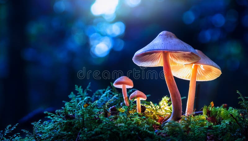 蘑菇. 神秘黑森林中的奇幻发光蘑菇 向量例证