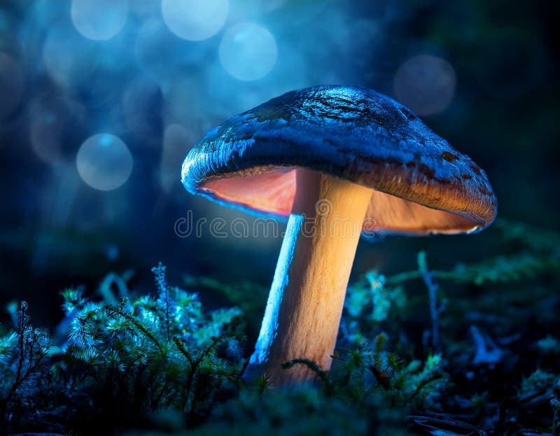 蘑菇. 神秘黑森林中的奇幻发光蘑菇 库存例证