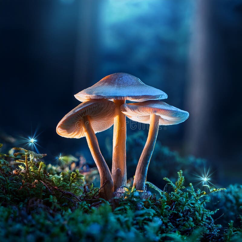 蘑菇. 神秘黑森林中的奇幻发光蘑菇 皇族释放例证