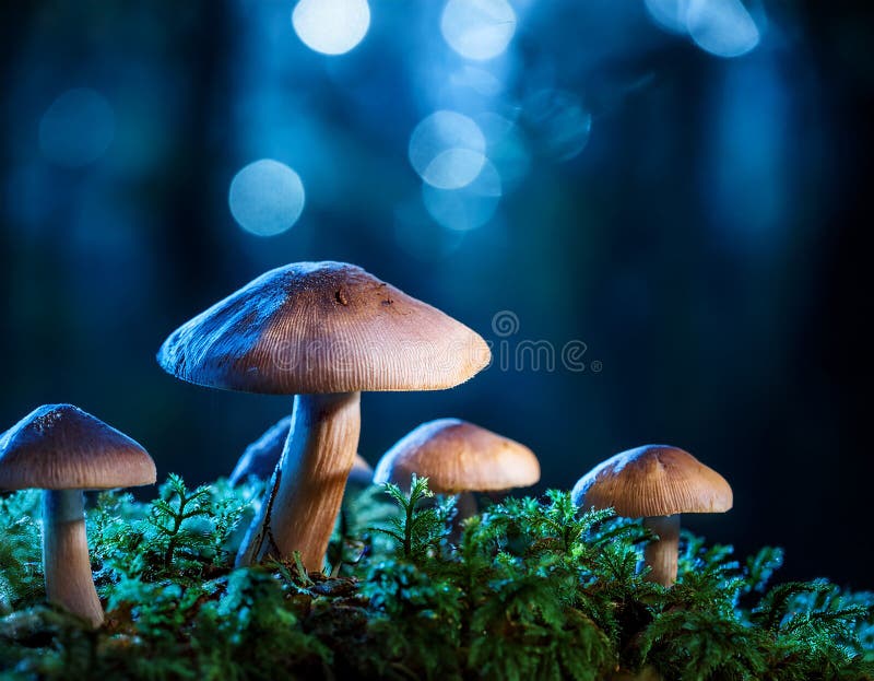 蘑菇. 神秘黑森林中的奇幻发光蘑菇 皇族释放例证