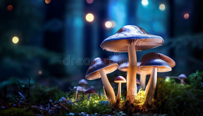 蘑菇. 神秘黑森林中的奇幻发光蘑菇 库存例证
