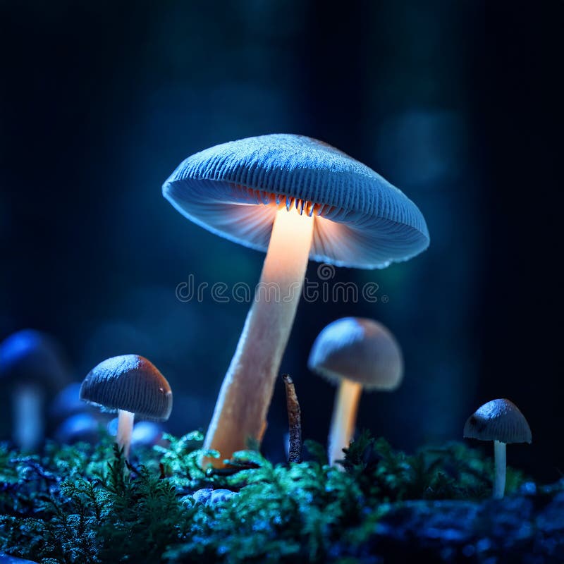 蘑菇. 神秘黑森林中的奇幻发光蘑菇 向量例证