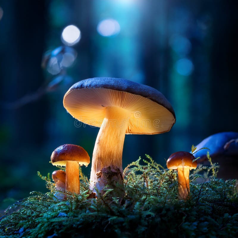 蘑菇. 神秘黑森林中的奇幻发光蘑菇 库存例证