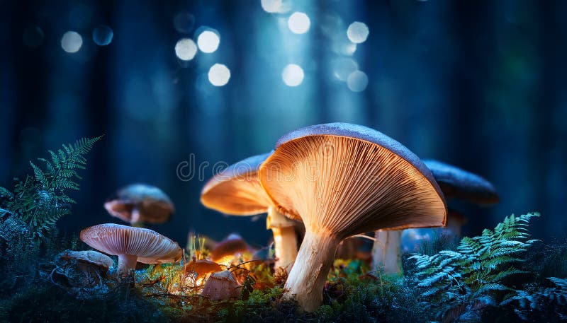 蘑菇. 神秘黑森林中的奇幻发光蘑菇 库存例证