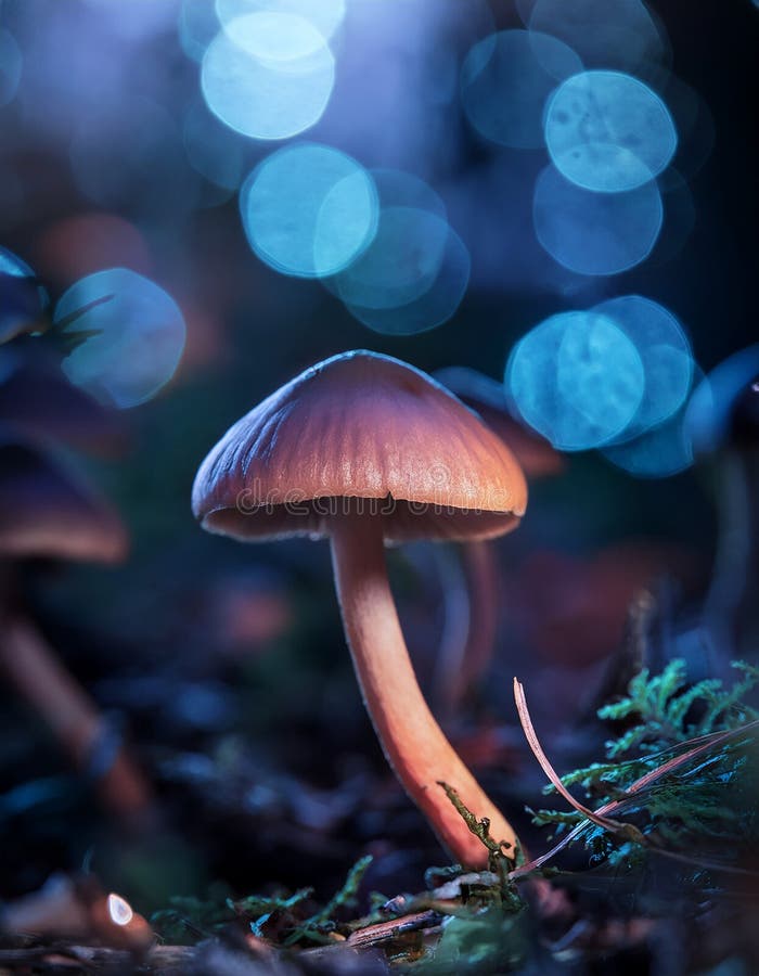 蘑菇. 神秘黑森林中的奇幻发光蘑菇 皇族释放例证