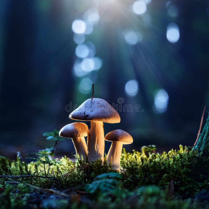 蘑菇. 神秘黑森林中的奇幻发光蘑菇 库存例证