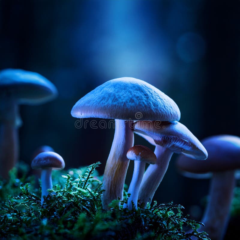 蘑菇. 神秘黑森林中的奇幻发光蘑菇 向量例证