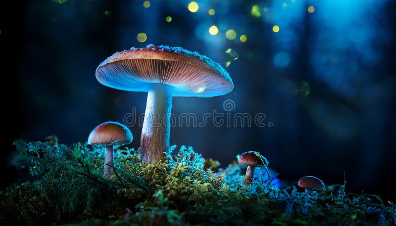 蘑菇. 神秘黑森林中的奇幻发光蘑菇 皇族释放例证