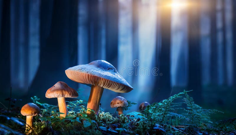 蘑菇. 神秘黑森林中的奇幻发光蘑菇 皇族释放例证