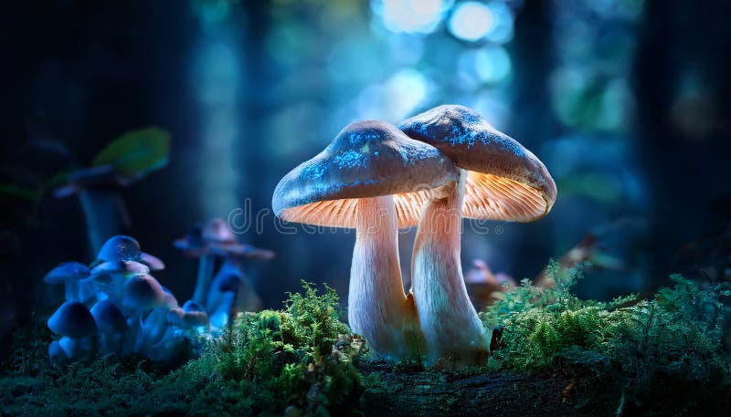蘑菇. 神秘黑森林中的奇幻发光蘑菇 向量例证