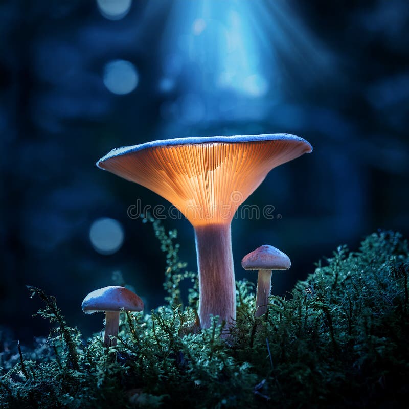 蘑菇. 神秘黑森林中的奇幻发光蘑菇 向量例证