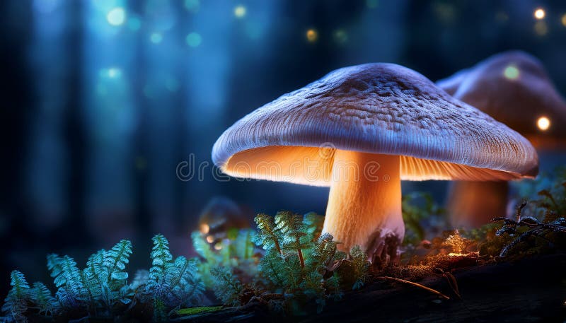 蘑菇. 神秘黑森林中的奇幻发光蘑菇 向量例证
