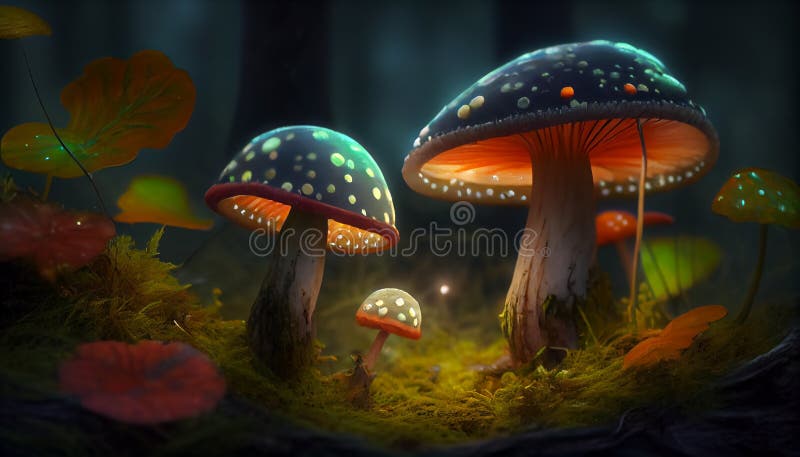 蘑菇. 神秘黑森林中闪闪发光的奇幻蘑菇特写. 神奇蘑菇的美丽宏图 库存例证