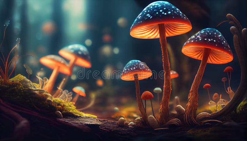 蘑菇. 神秘黑森林中闪闪发光的奇幻蘑菇特写. 神奇蘑菇的美丽宏图 向量例证