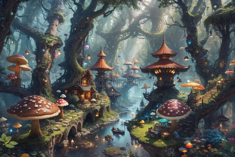 蘑菇奇幻城. 森林中空蘑菇的奇幻城市，仙女们的奇幻泡泡和神秘的光环 库存例证