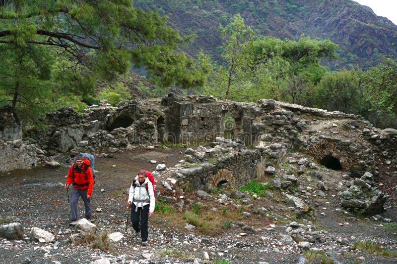 Cirali, Antalya/Turkey-January 01, 2018: Chimera, burning rocks are remarkable spot ot the trail of Lycian way near Cirali, Antalya. Cirali, Antalya/Turkey-January 01, 2018: Chimera, burning rocks are remarkable spot ot the trail of Lycian way near Cirali, Antalya