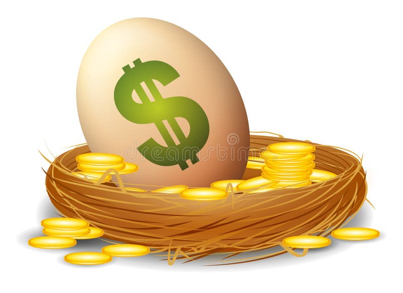 An illustration featuring an egg with a dollar sign sitting in a bird's nest with gold coins to represent a financial 'nest egg'. An illustration featuring an egg with a dollar sign sitting in a bird's nest with gold coins to represent a financial 'nest egg'