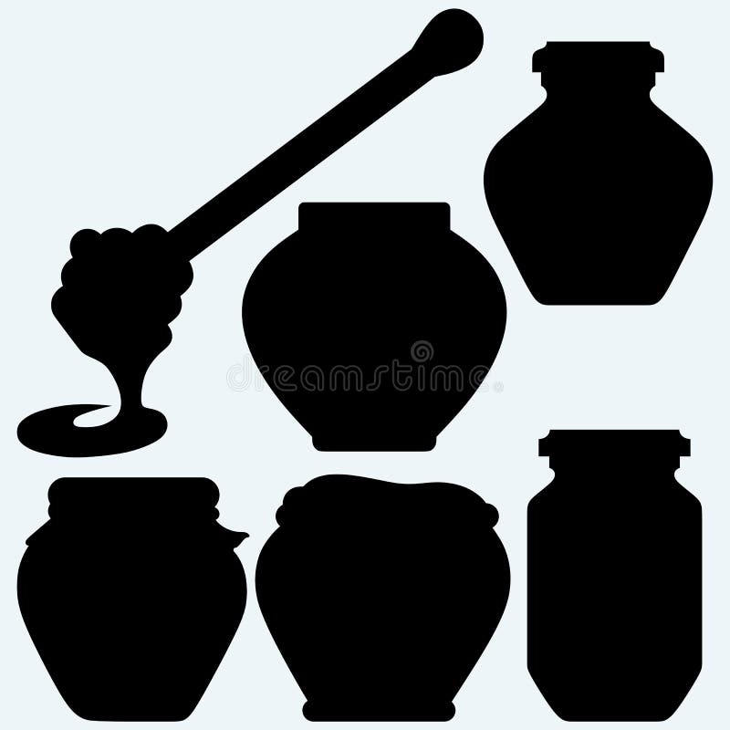 Honey dipper and honey in jar. Isolated on blue background. Vector silhouettes. Honey dipper and honey in jar. Isolated on blue background. Vector silhouettes