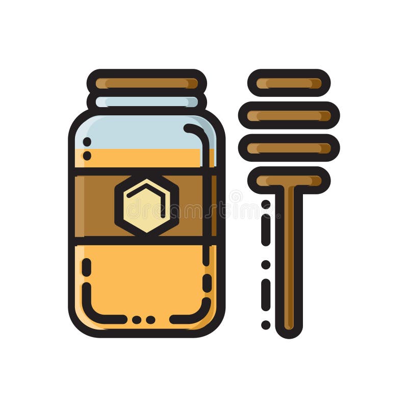 Honey jar and bamboo dipper, thin line flat style icon, vector illustration isolated on white background. Flat style beekeeping icon with honey jar and wooden dipper. Honey jar and bamboo dipper, thin line flat style icon, vector illustration isolated on white background. Flat style beekeeping icon with honey jar and wooden dipper