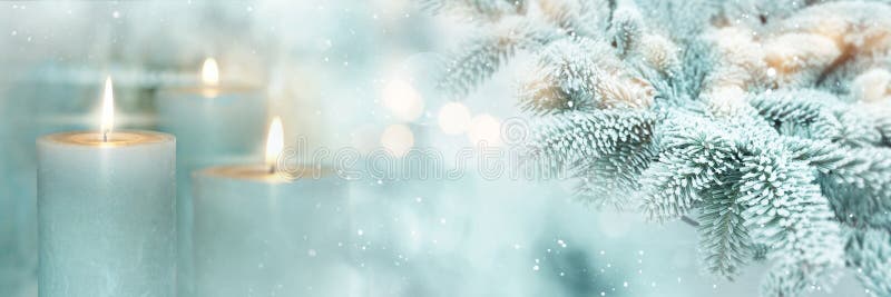 Winter scene background for christmas with burning candles and fir branches. Winter scene background for christmas with burning candles and fir branches