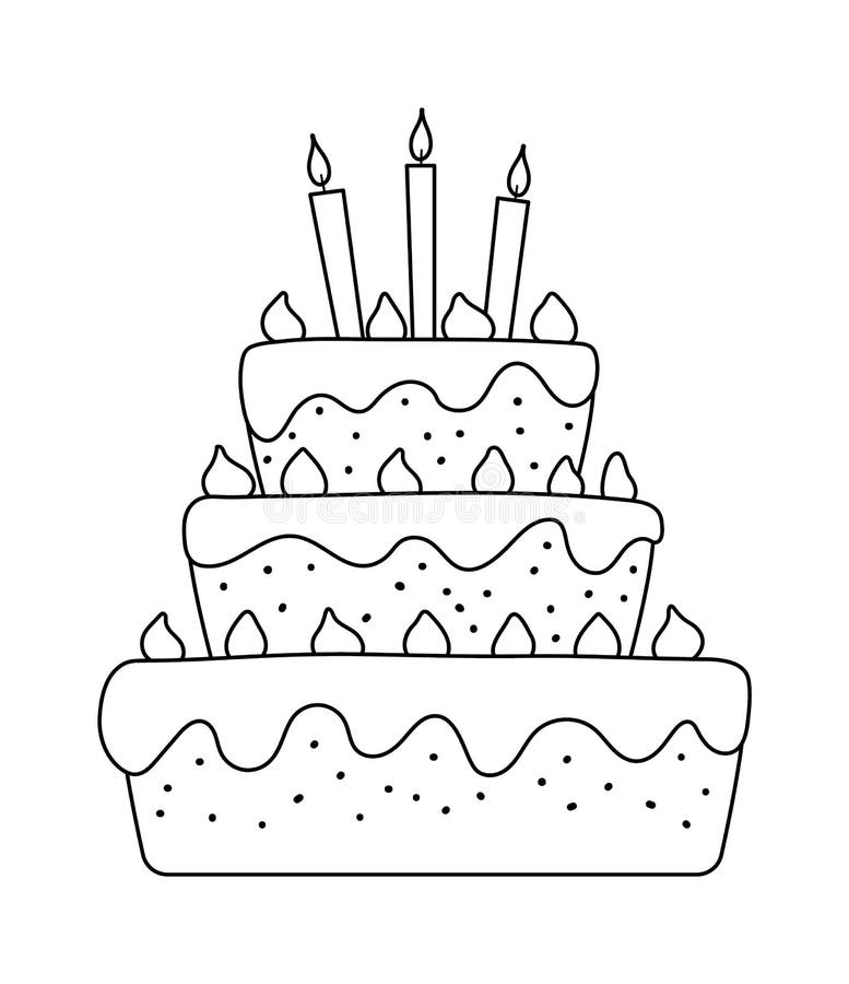 蜡烛的黑白生日蛋糕. 可爱有趣的日间甜点插图. 假日线图 向量例证