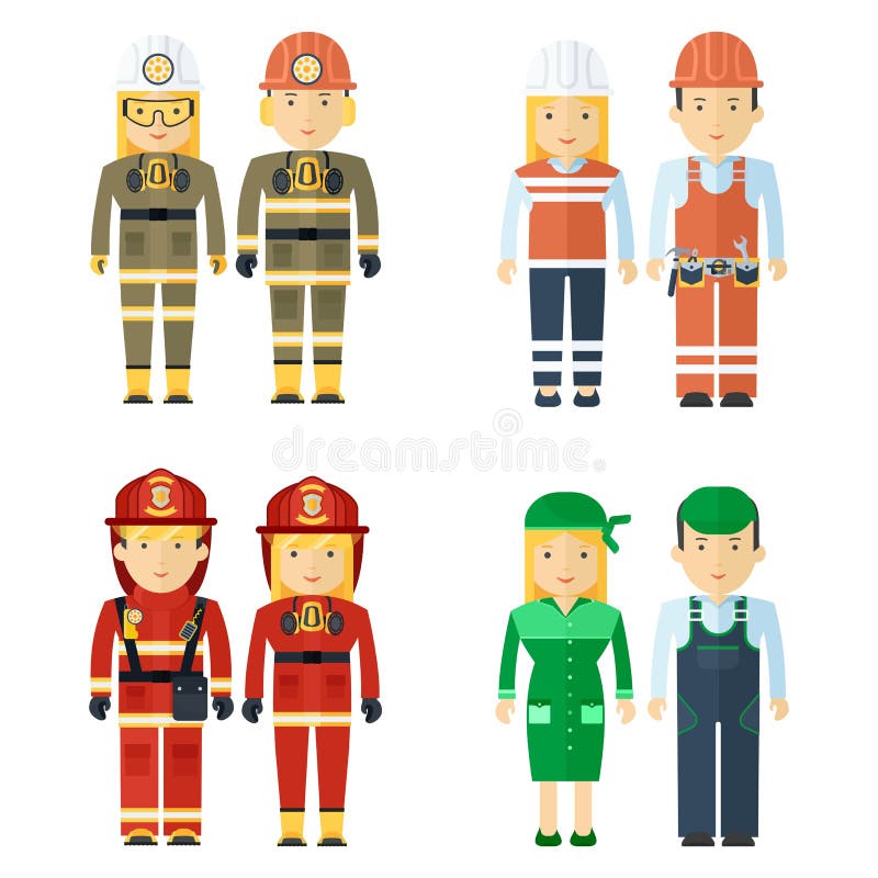 Set of working professions. Miner and fireman, master of service and worker. Flat vector cartoon illustration. Objects isolated on a white background. Set of working professions. Miner and fireman, master of service and worker. Flat vector cartoon illustration. Objects isolated on a white background.