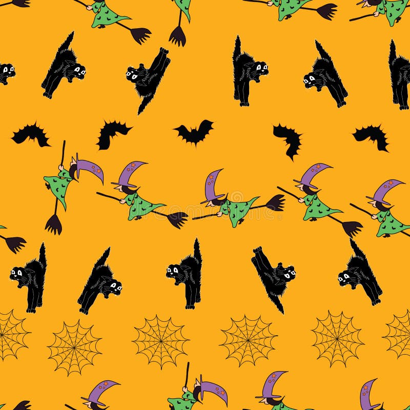 Fun Halloween seamless pattern background with witches on broomsticks,flying bats, and spiderwebs.Perfect for textile ,stationary and fashion projects. Fun Halloween seamless pattern background with witches on broomsticks,flying bats, and spiderwebs.Perfect for textile ,stationary and fashion projects.