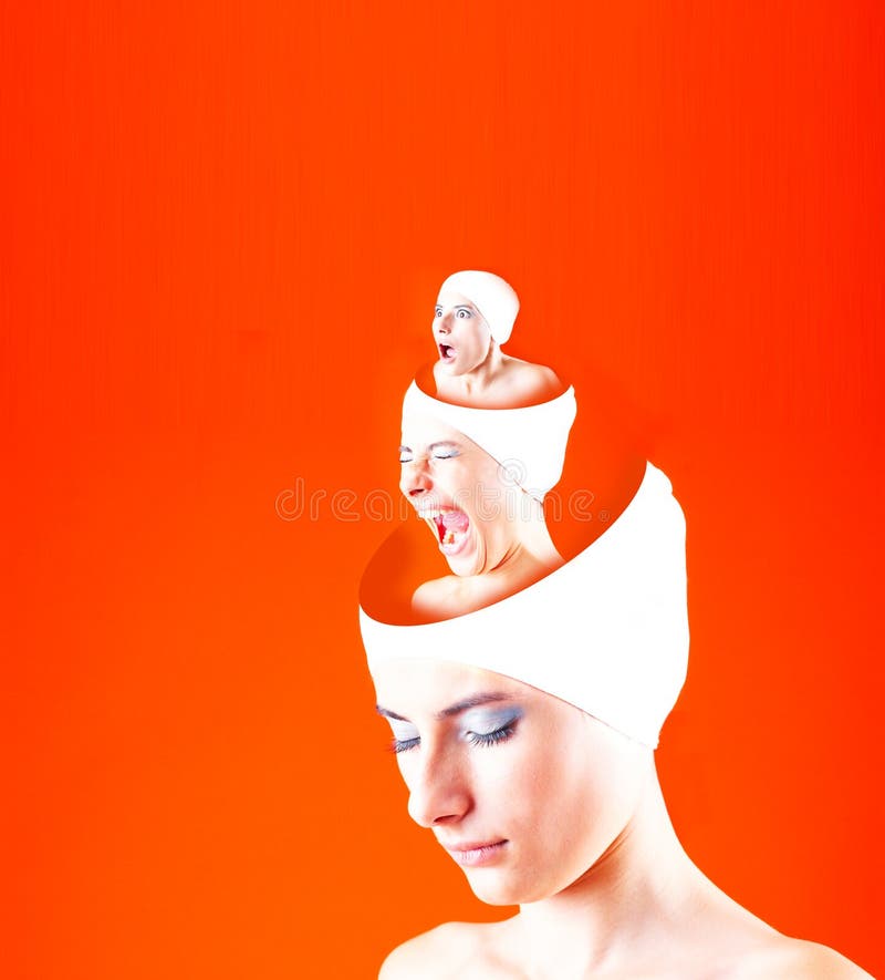 Futuristic portrait of a teenage girl with two other versions of herself protruding from the top of her head - one is screaming, the other has a shocked expression. Taken in studio, isolated on orange background. Conceptual. Futuristic portrait of a teenage girl with two other versions of herself protruding from the top of her head - one is screaming, the other has a shocked expression. Taken in studio, isolated on orange background. Conceptual.