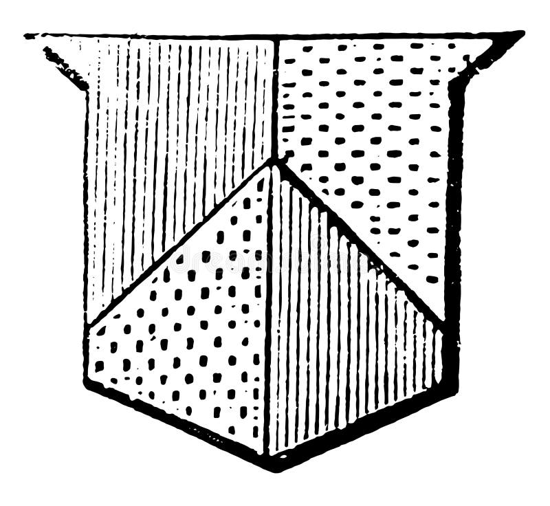 Parted Per Pale and Per Chevron has applies to the several parts of an escutcheon parted by a line, vintage line drawing or engraving illustration. Parted Per Pale and Per Chevron has applies to the several parts of an escutcheon parted by a line, vintage line drawing or engraving illustration